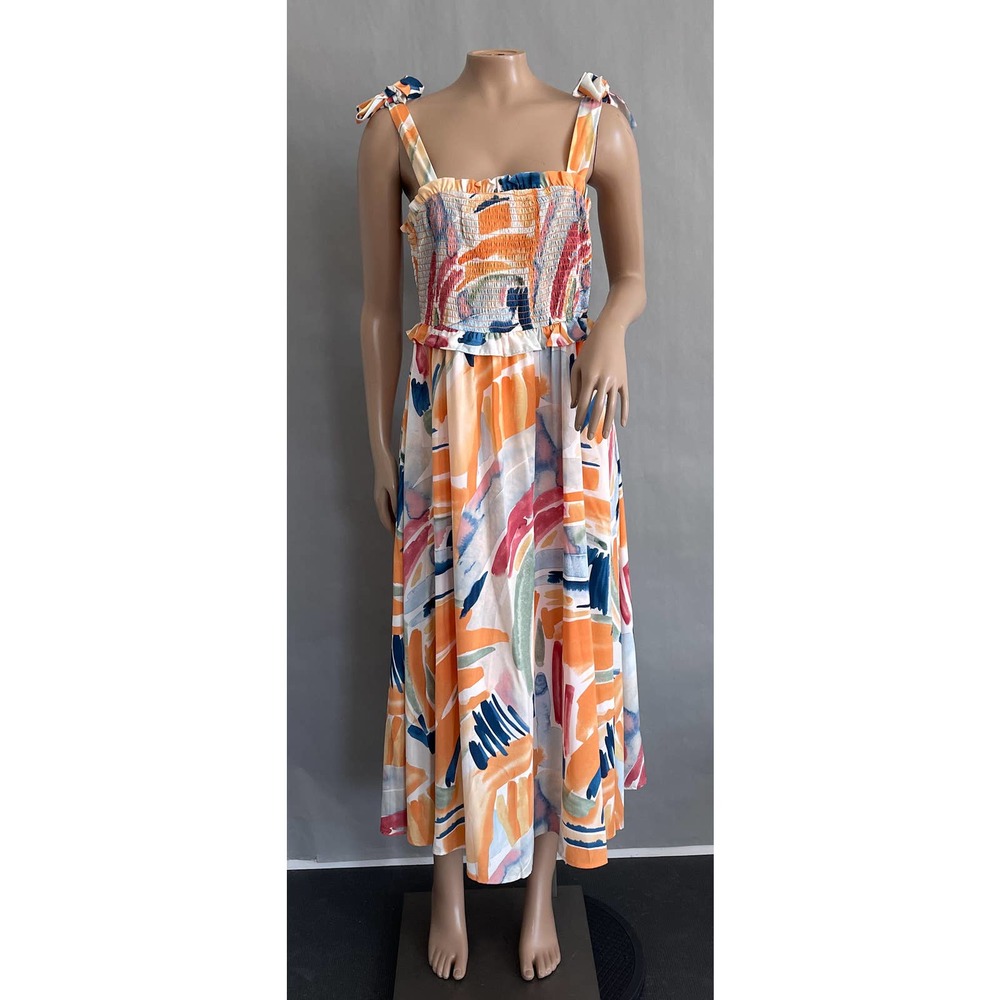 Jodifl Dress Women M Midi Watercolor Brushstroke Print Smocked A-Line Tea Boho